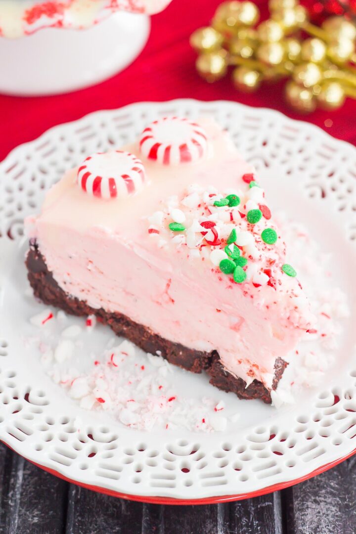 slice of no bake peppermint cheesecake