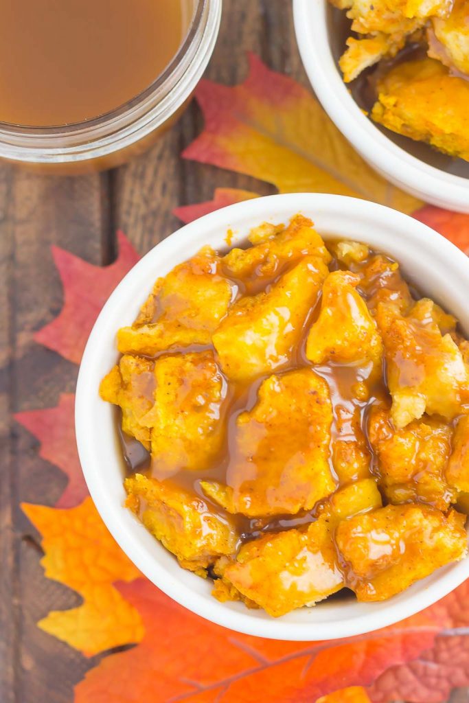 top down view of pumpkin bread pudding with caramel sauce