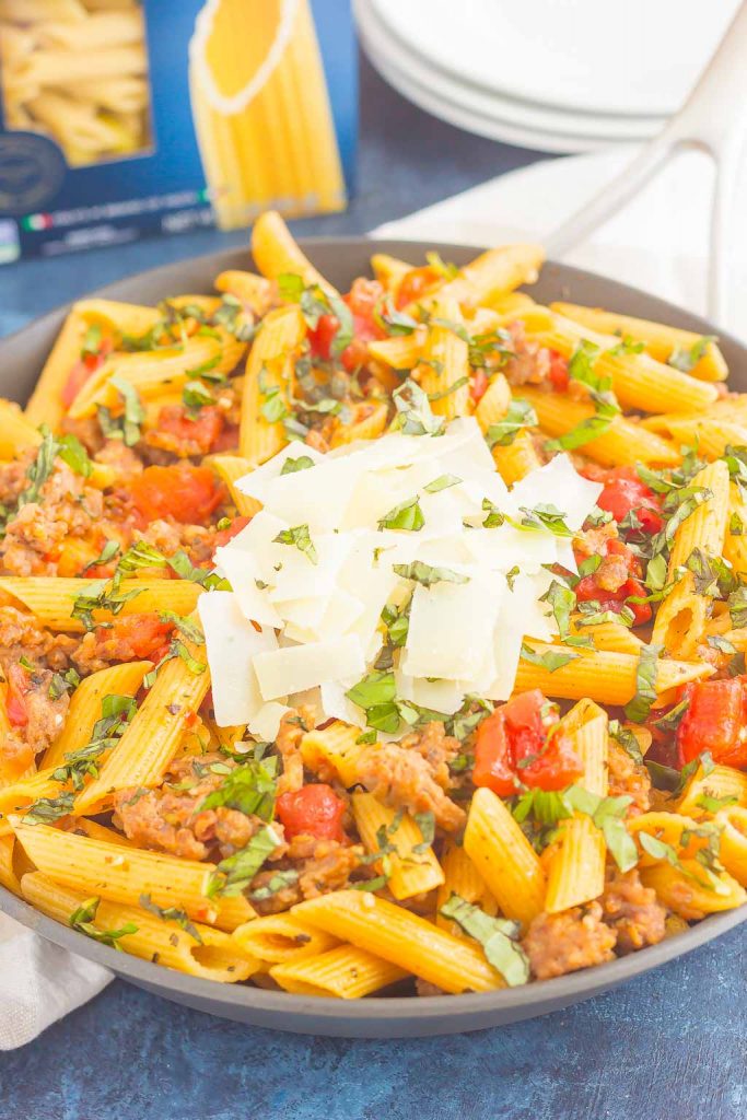 pasta in a black skillet