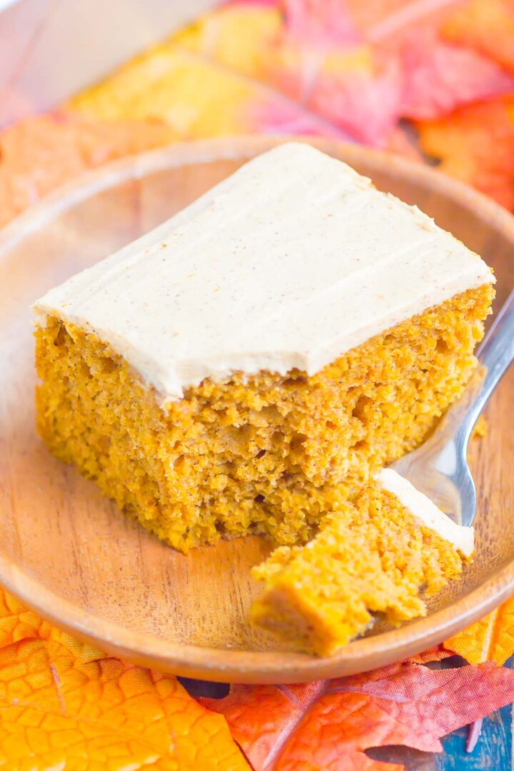 a bite of pumpkin spice cake on a fork