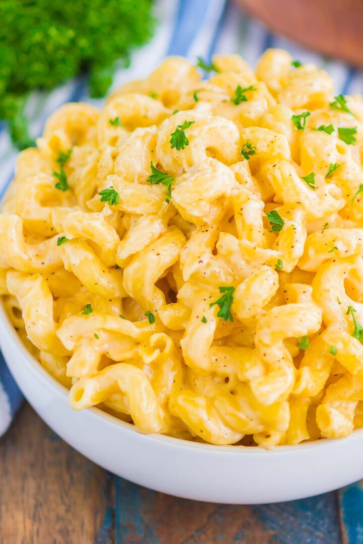 mac and cheese in a white bowl