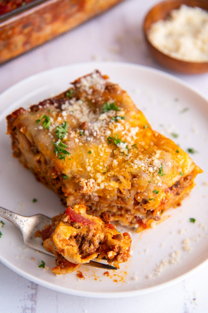 lasagna on a white plate