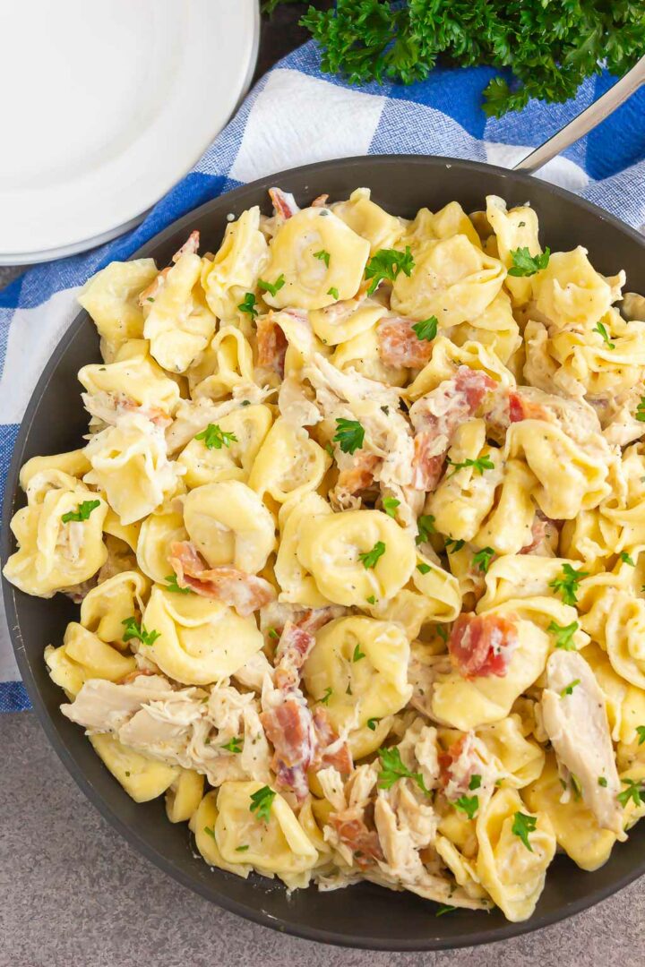 tortellini in a black skillet