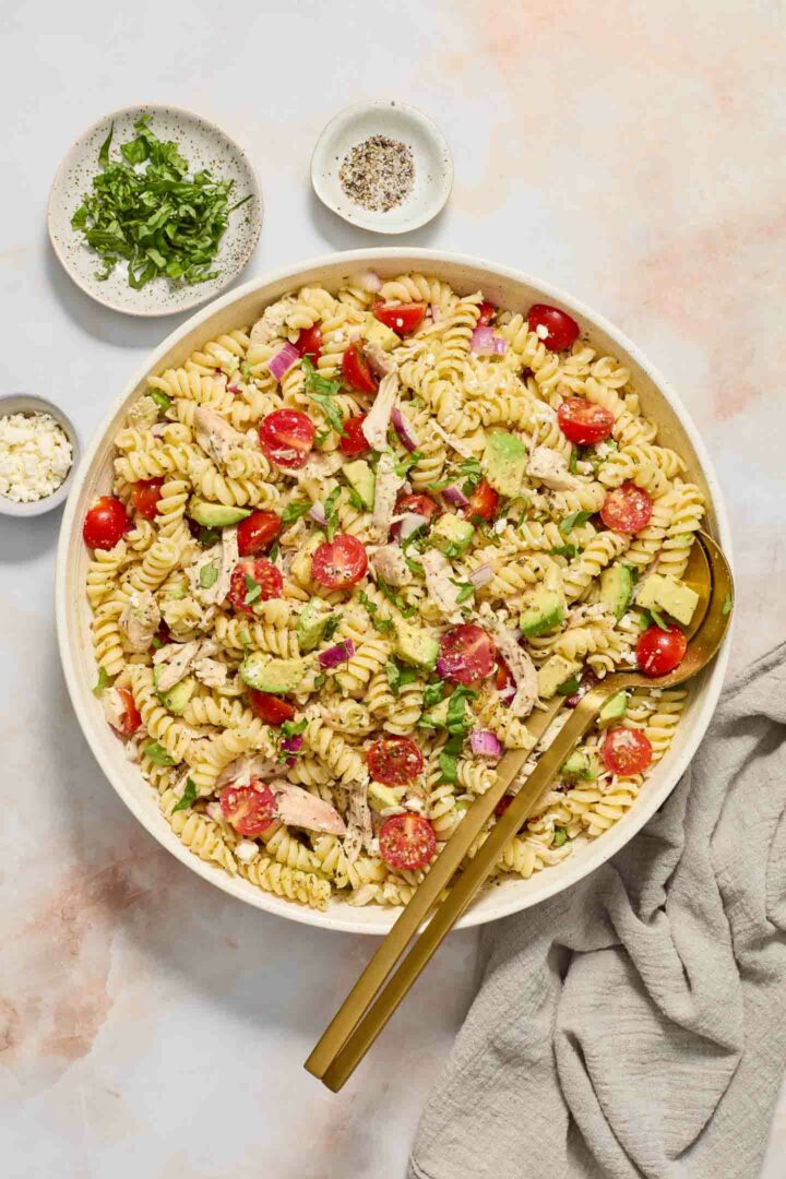 pasta salad in a white serving bowl