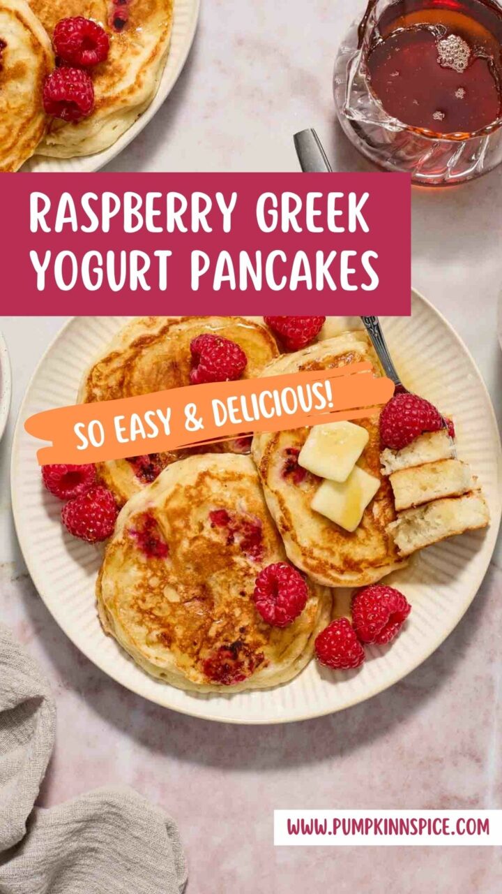 pancakes on a white plate with raspberries and syrup