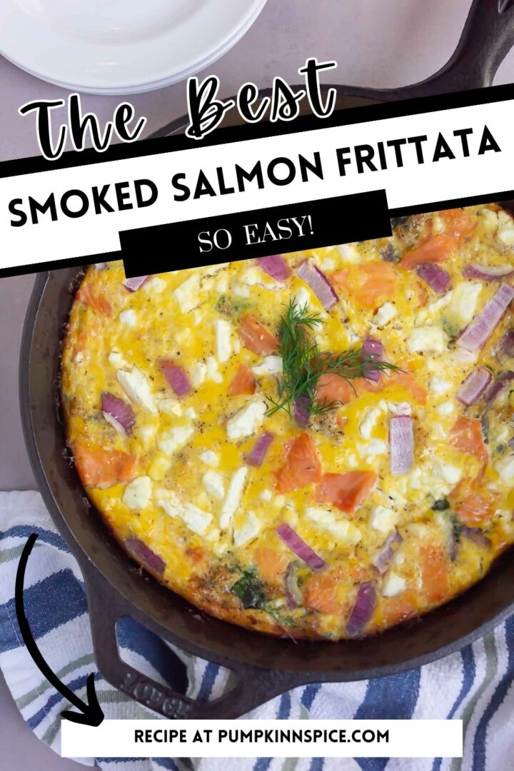 salmon frittata in a black skillet