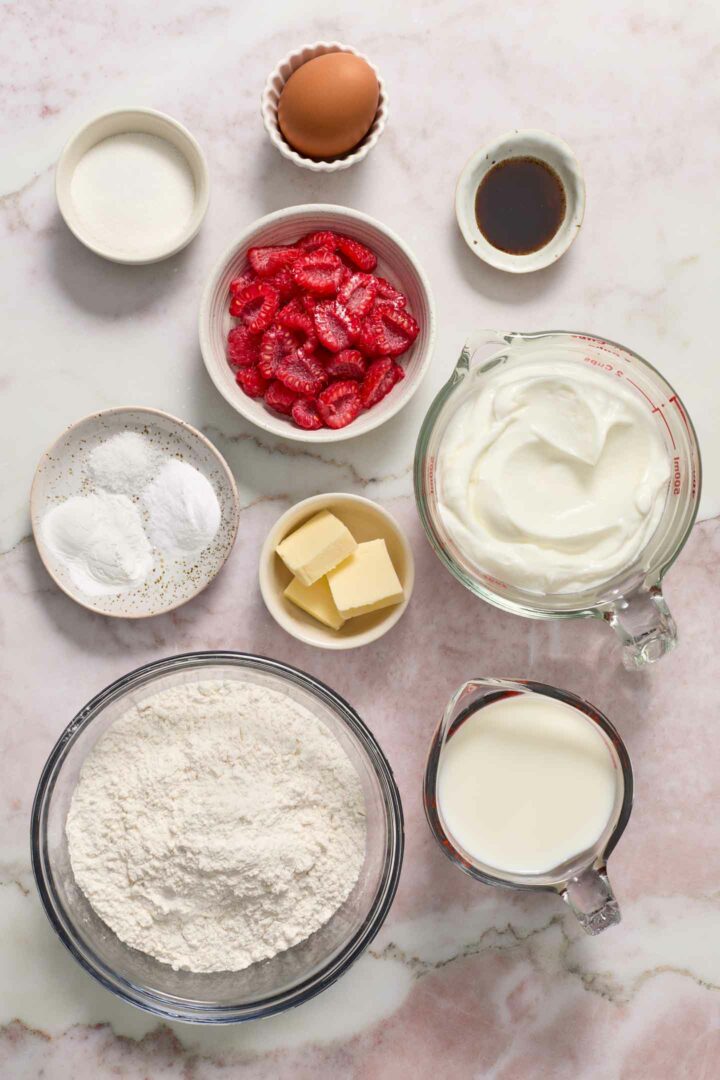 pancake ingredients in small bowls