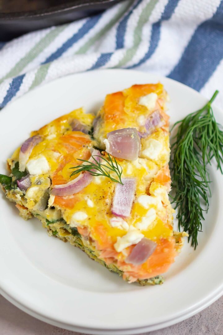 salmon frittata on a white plate