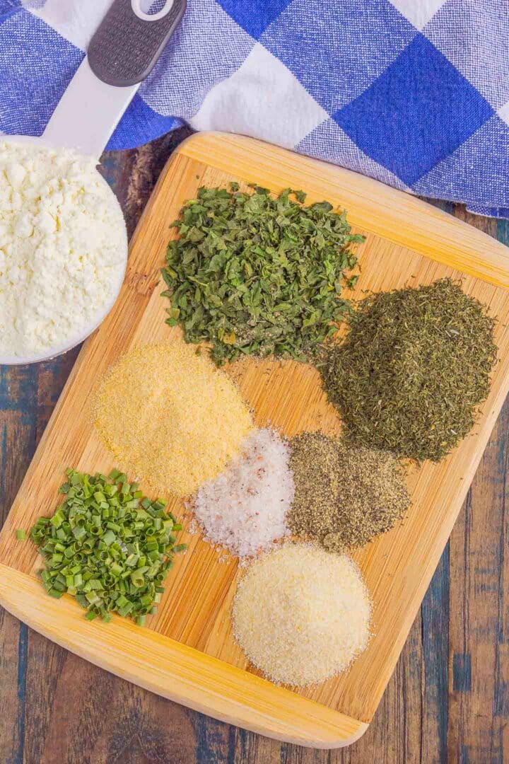 ranch seasoning mix ingredients on a wooden board