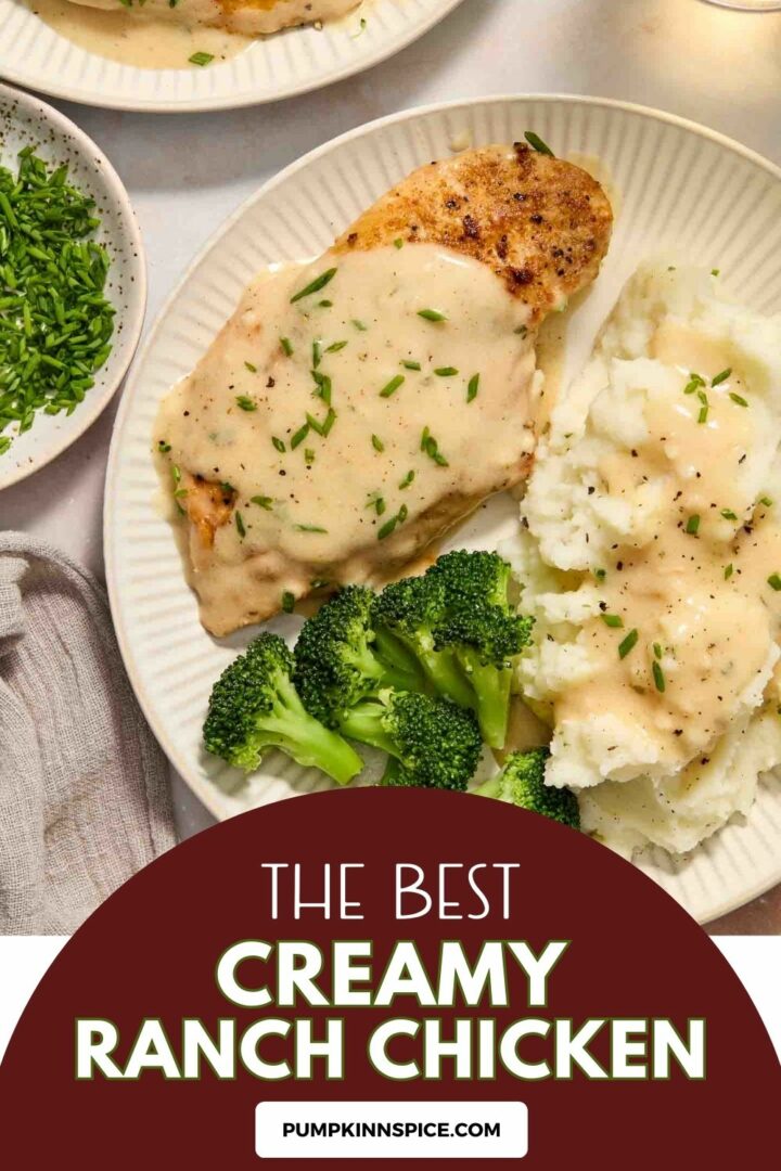 chicken on a plate with mashed potatoes and broccoli