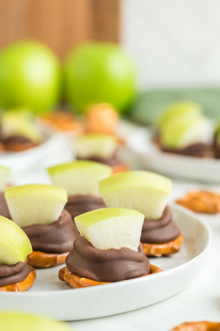 apple pretzel bites on a white plate