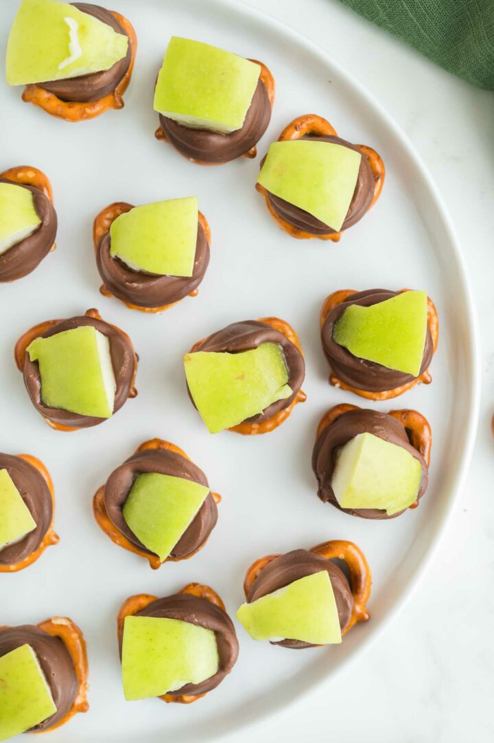 apple pretzel bites on a white plate