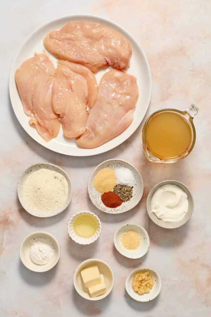 chicken ingredients in white bowls