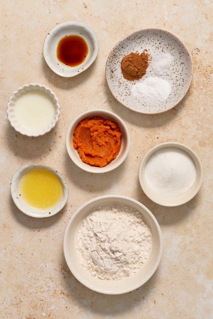 mug cake ingredients show in white bowls