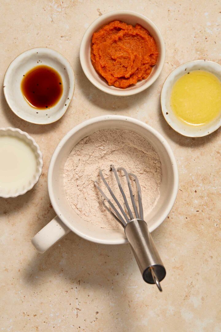 dry ingredients whisked in a white mug