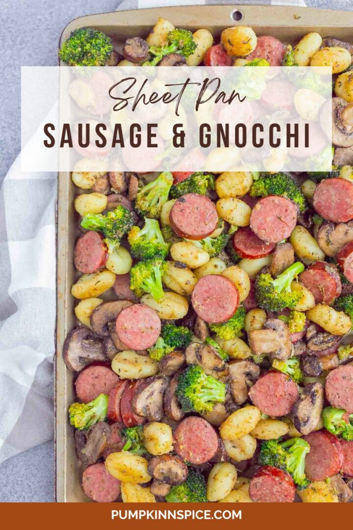 sausage, gnocchi, broccoli, mushrooms on a sheet pan