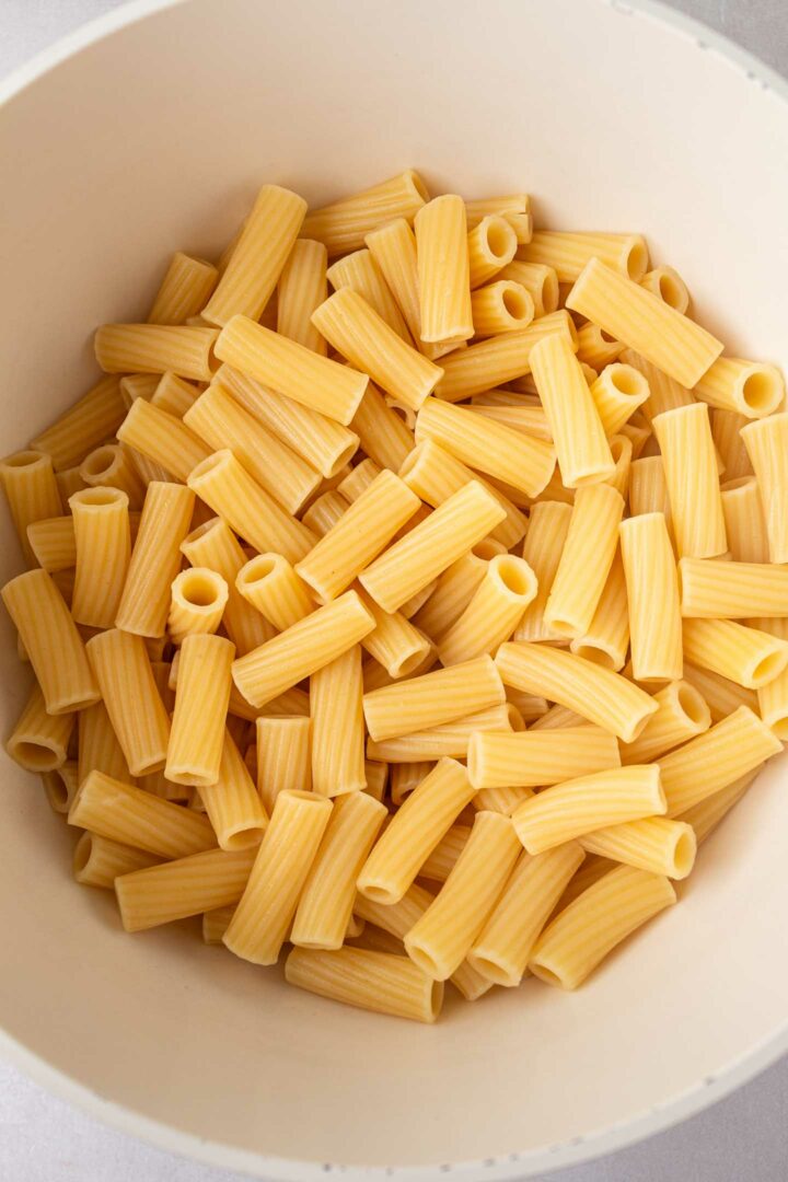 cooked pasta in a white bowl