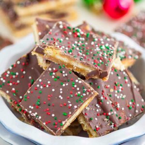 ritz cracker toffee in a white dish