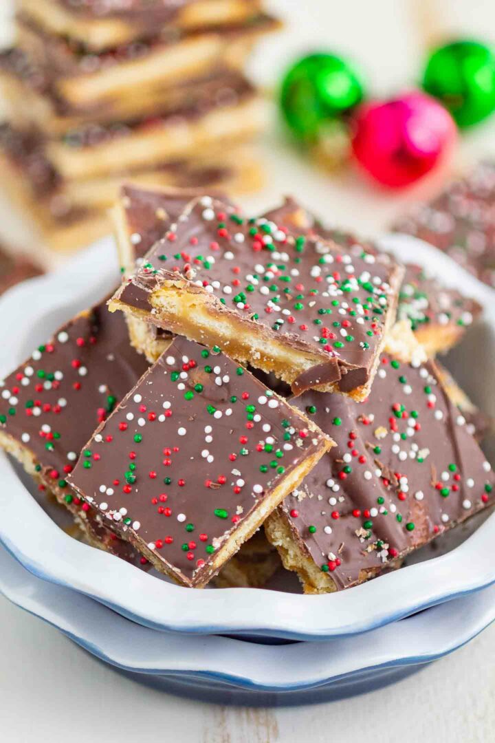 ritz cracker toffee in a white dish