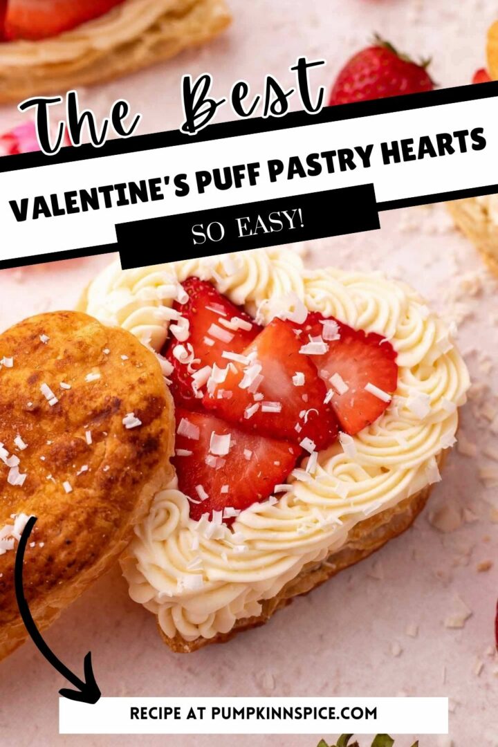 puff pastry heart with white chocolate mousse and strawberries