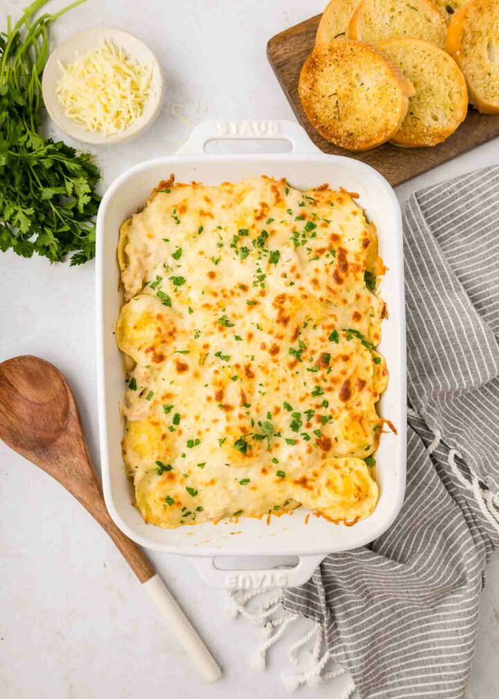 baked ravioli in a white dish 