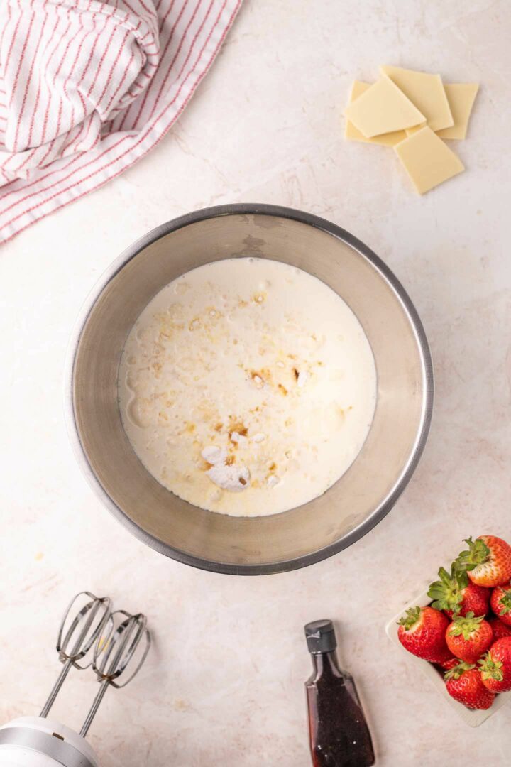 ingredients for white chocolate mousse in a mixing bowl