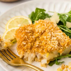 cod plated with a forkful of cod and a green salad