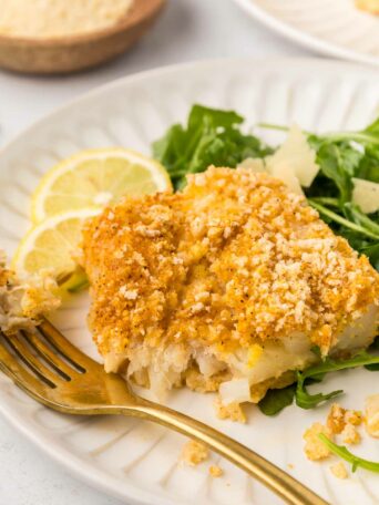 cod plated with a forkful of cod and a green salad