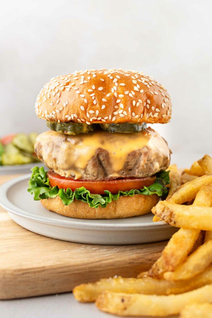 turkey burger on a bun with lettuce, tomato, cheese and fries on the side