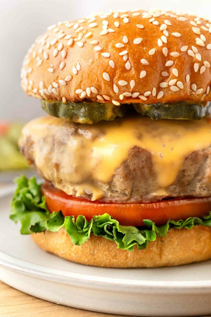 closeup of a turkey burger on a bun with lettuce, tomato, and cheese