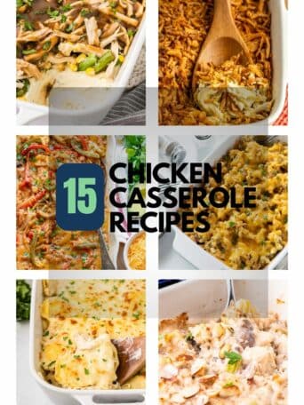 Collage of various chicken casserole dishes with text overlay reading 15 Chicken Casserole Recipes at the center. The bottom shows the website PUMPKINNSPICE.COM.