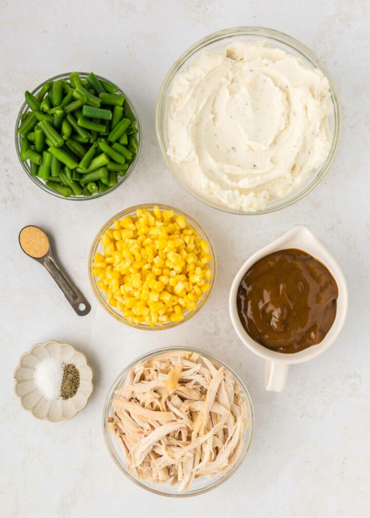 casserole ingredients in clear bowls