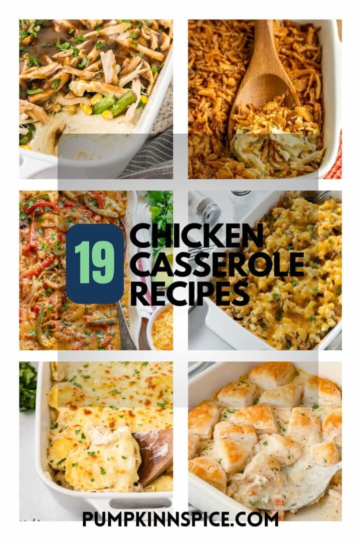 A collage of chicken casseroles featuring various baked dishes with toppings like cheese, herbs, and crispy elements. The central text reads 19 Chicken Casserole Recipes with the website Pumpkin N Spice at the bottom.